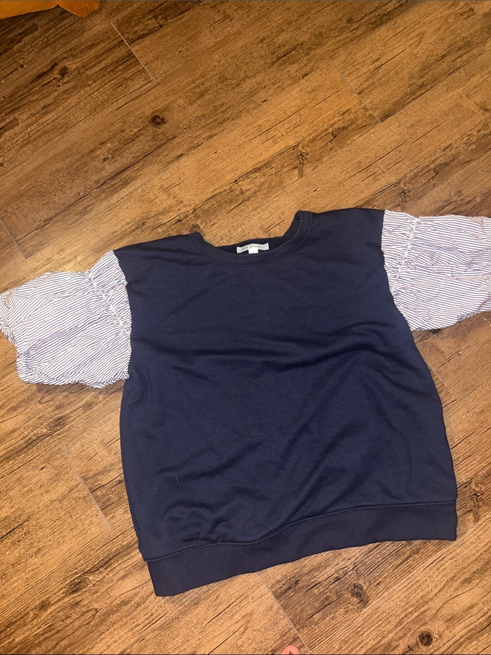 Navy Puff-Sleeve Mixed-Media Women’s Top